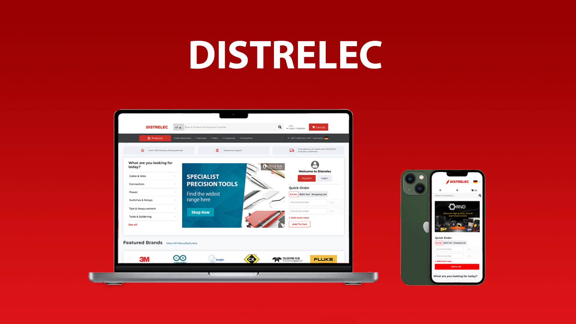 Distrelec ecommerce navigation displayed across desktop and mobile screens