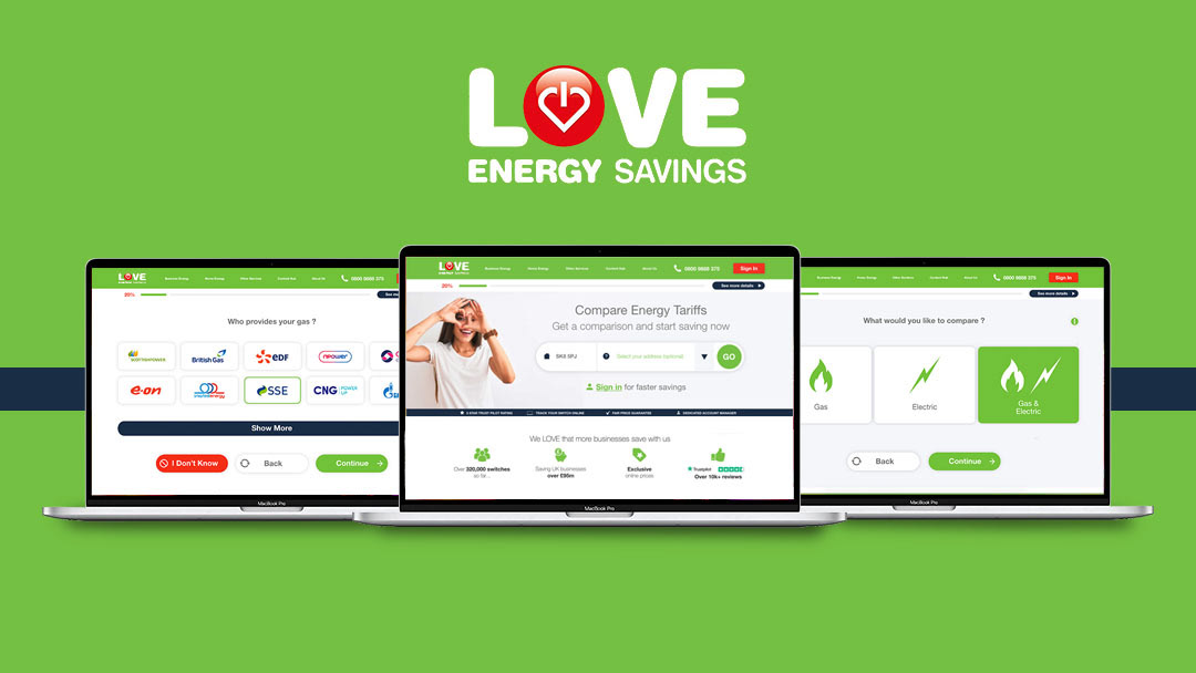 Love Energy Savings comparison journey shown across three laptop screens