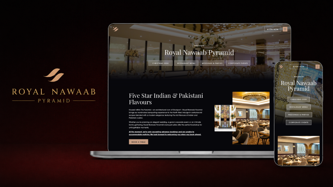 Royal Nawaab venue and menu designs presented on desktop and mobile